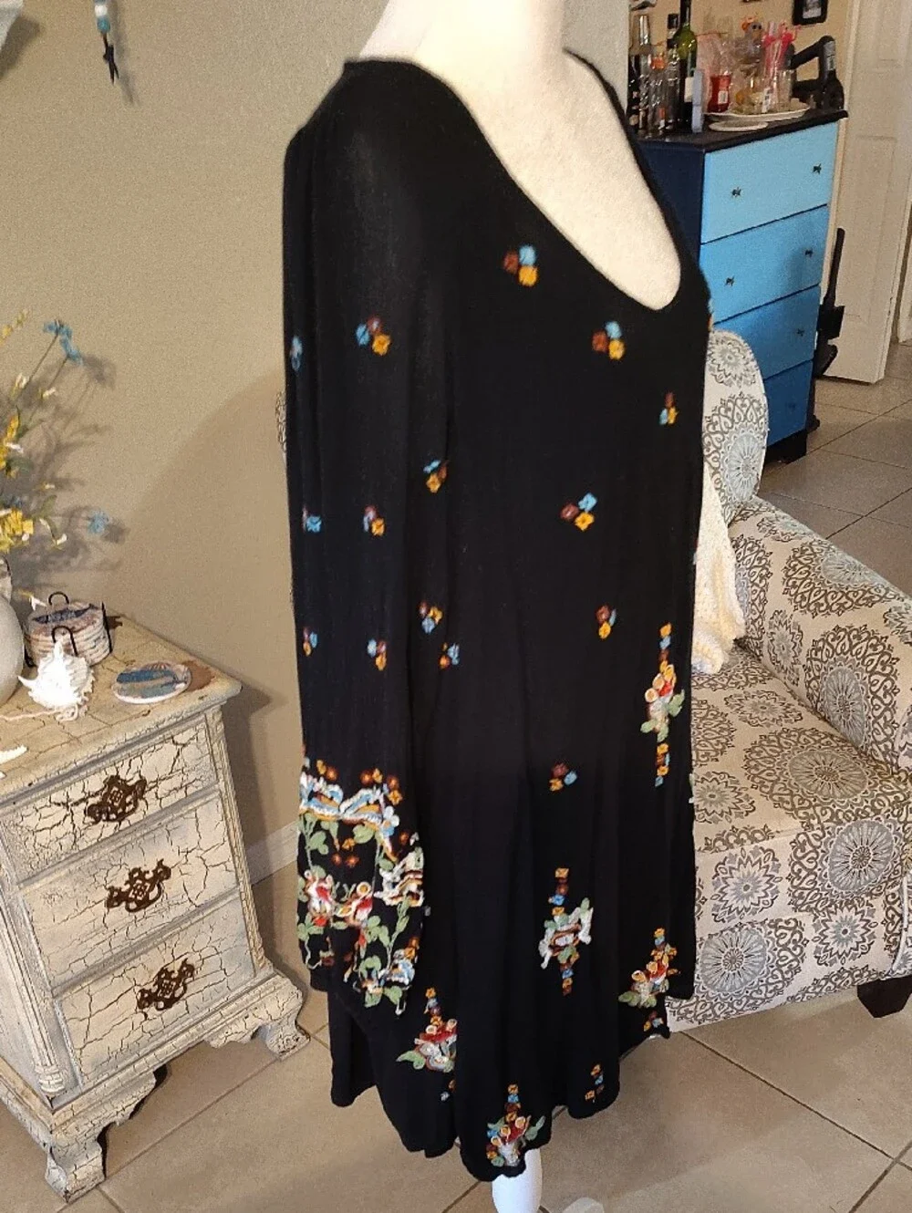 Free People Black Boho Floral  Open Back Mini Dress with Embroidered Details